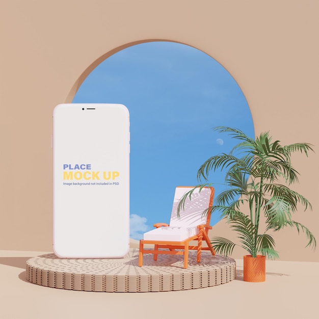 PSD 3d rendering of summer scene with phone mockup