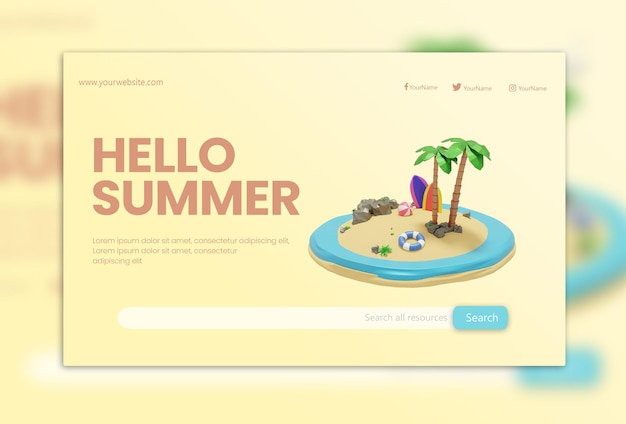 PSD 3d rendering summer theme social media online shopping landing page