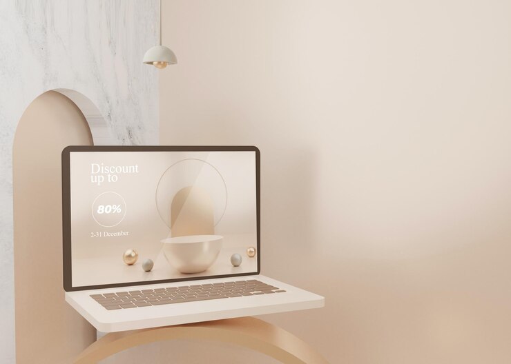 3D rendering surreal platform laptop mockup display pastel