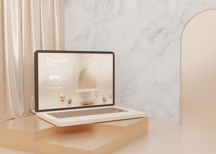 3D rendering surreal platform laptop mockup display pastel