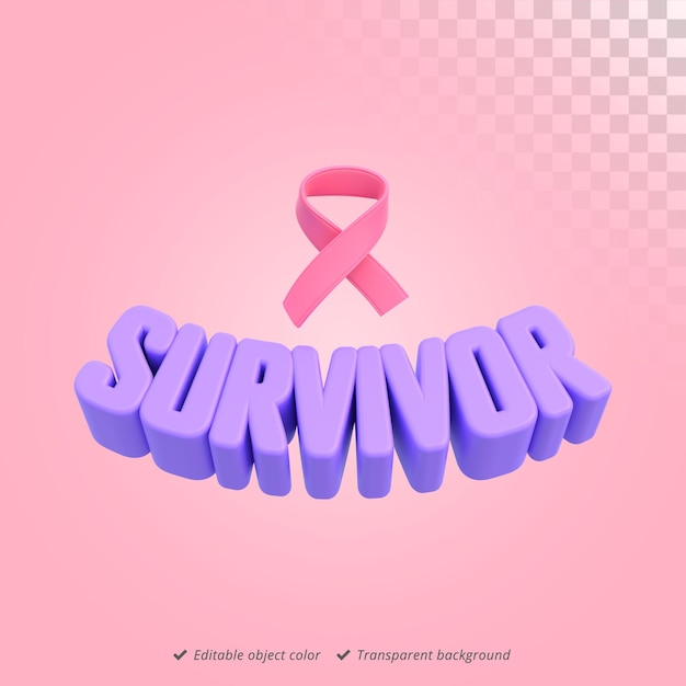 PSD 3d rendering of a survivor text and pink ribbon for breast cancer awareness