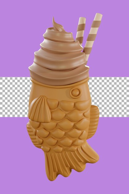 Rendering 3d del gelato al cioccolato taiyaki trasparente