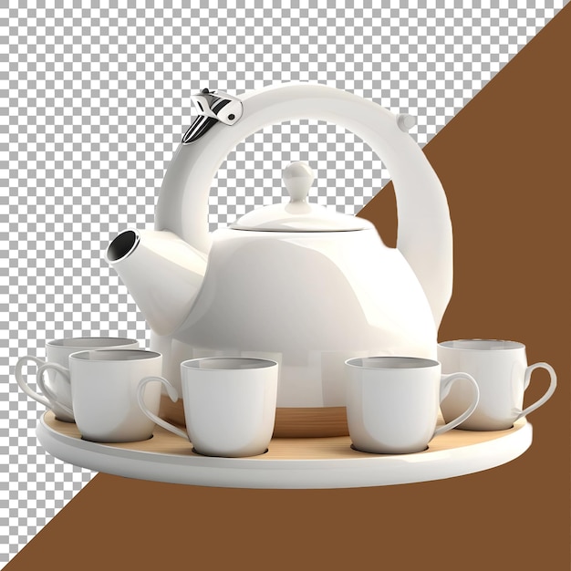 3D Rendering of a Teapot and Cups Set on Transparent Background Ai Generated