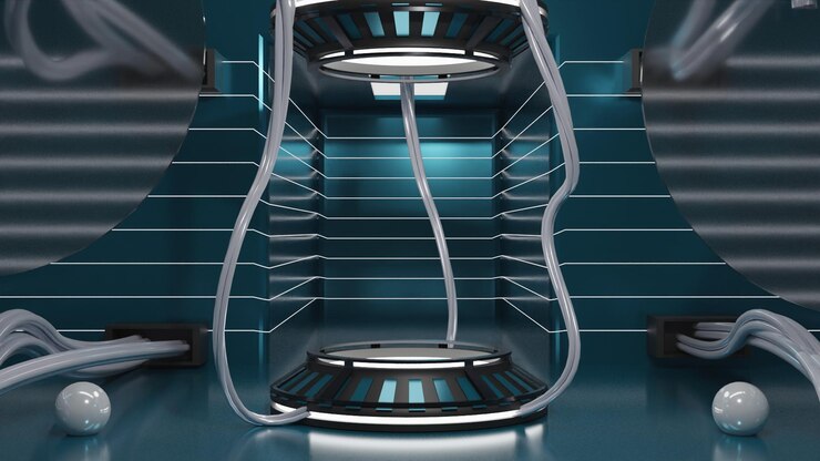PSD 3d rendering technology on blue background power podium empty stage with cables high quality