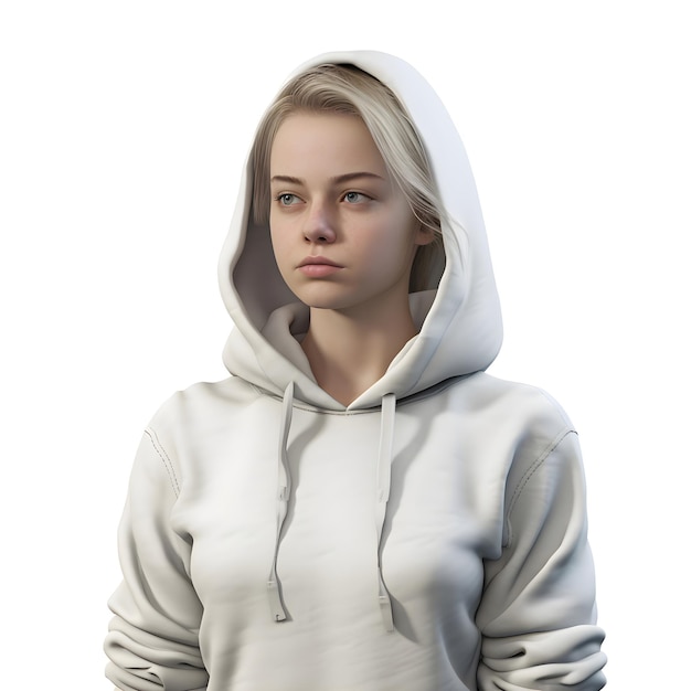 PSD rendering 3d di una ragazza adolescente con un cappuccio bianco su sfondo bianco