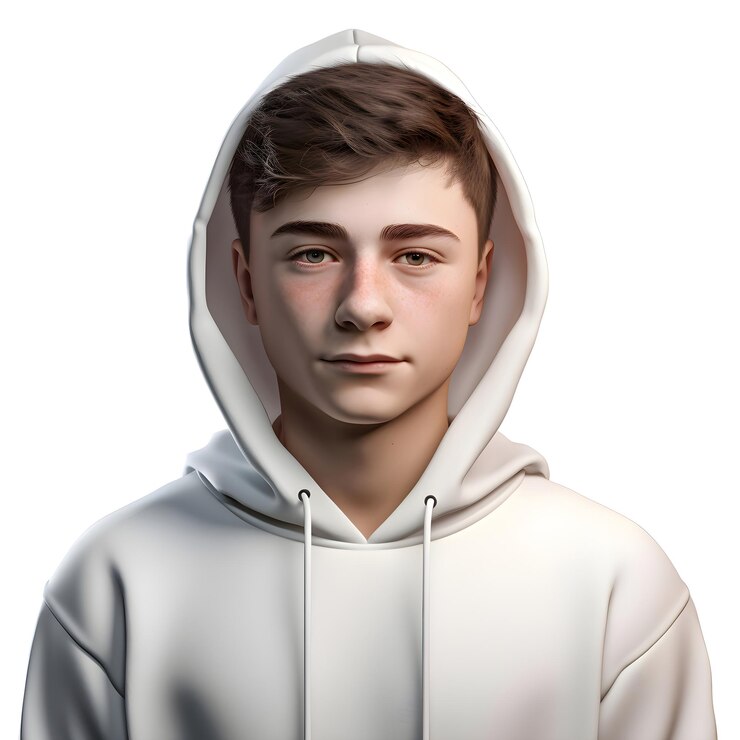 PSD 3d rendering of a teenager in a white hoodie isolated on white background