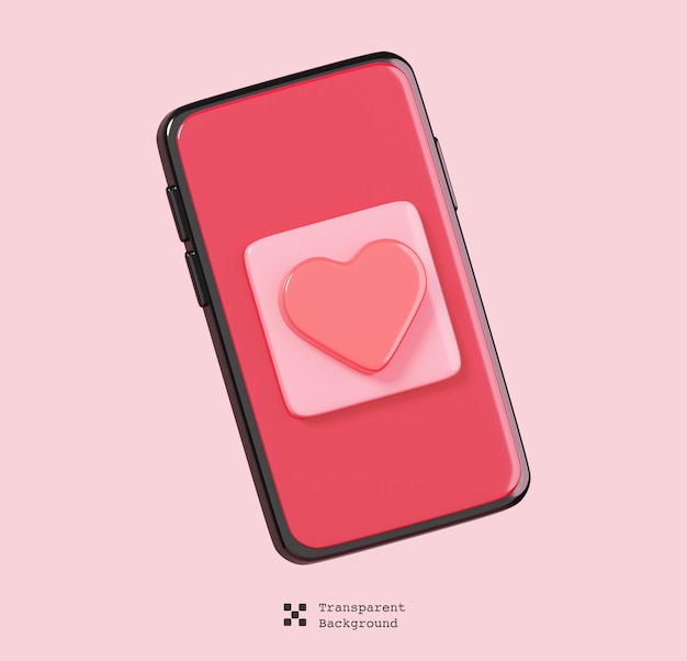 3d-rendering telefoon en push hart liefdesmeldingen geïsoleerd. happy valentijnsdag pictogram.