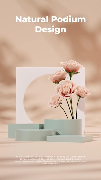 PSD 3d rendering template product podium in portrait with pink red rose and light brown background