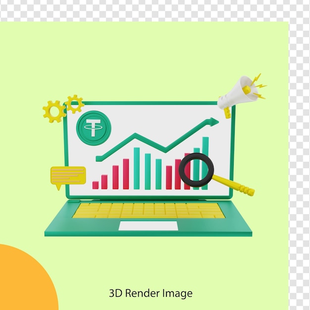 Il rendering 3d del rapporto di analisi delle monete crittografiche tether con il laptop