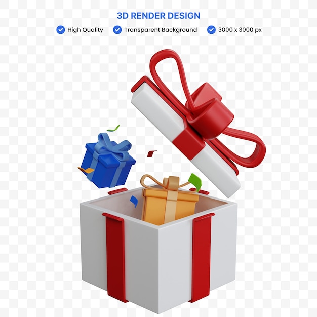 Rendering 3d di tre scatole regalo con carta coriandoli isolata