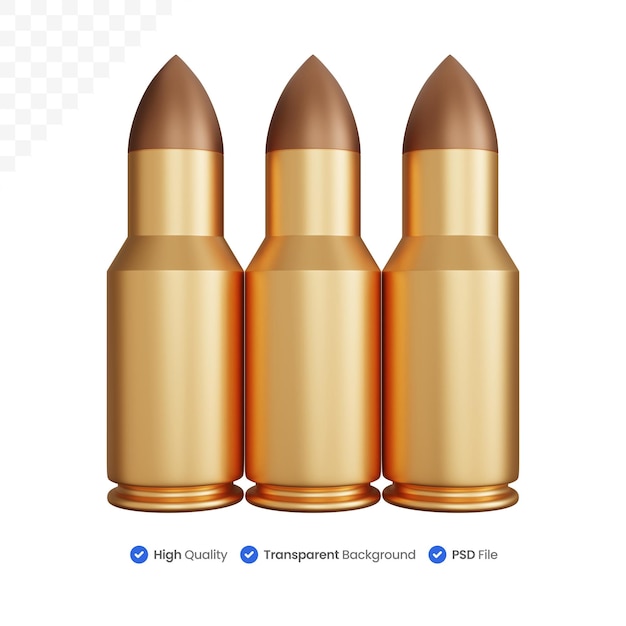 PSD rendering 3d tre proiettili di pistola isolati