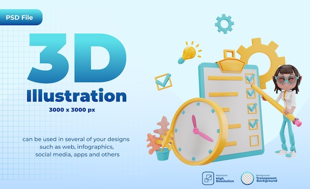 PSD 3d rendering of time management illustration