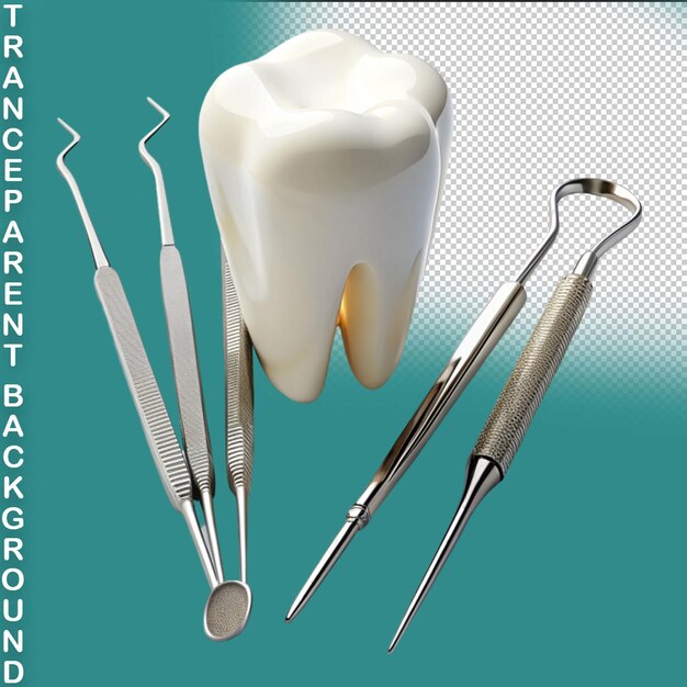 PSD 3d rendering tooth with dentist pick on transparent background