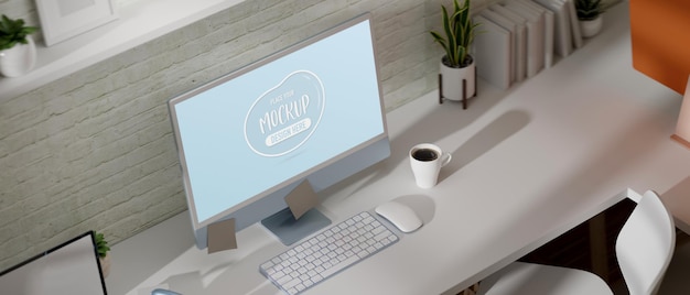 3D rendering top view of trendy workspace with computer mockup