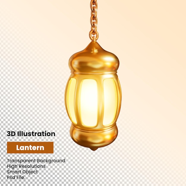 PSD 3d rendering of traditional arabic glowing lantern hanging on chains