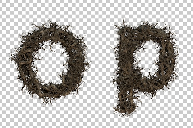 PSD 3d rendering tree branch alphabet o and alphabet p