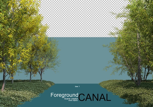 PSD 3d rendering of trees along the canal