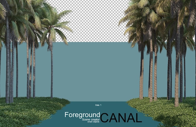 Rendering 3d di alberi lungo il canale