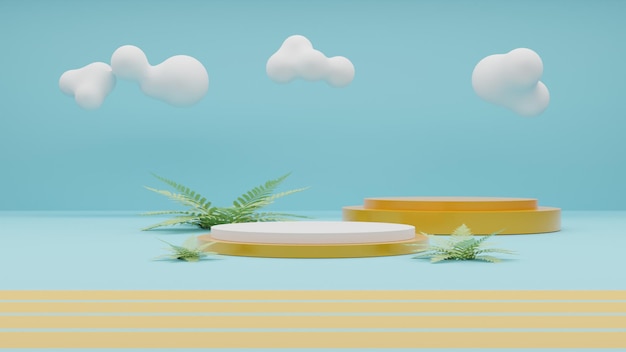 3D-rendering tropisch podium op strandachtergrond met tropische bladeren en wolken