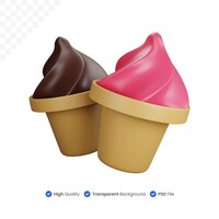 PSD 3d-rendering twee chocolade en aardbei-ijs kegels geïsoleerd