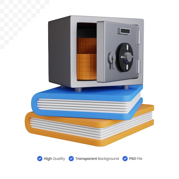 3d rendering two books with a safe above them isolated