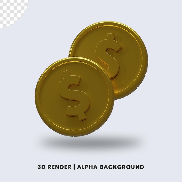 光沢のある効果が分離された2つのゴールデンダラーコインの3Dレンダリング。ビジネスやeコマースのイラストに役立ちます。