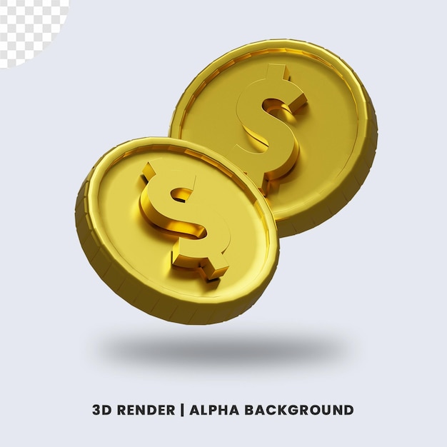 3d rendering of two golden dollar coin with glossy effect isolated. Useful for business or e-commerce illustration.