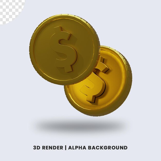 PSD 3d rendering of two golden dollar coin with glossy effect isolated. useful for business or e-commerce illustration.