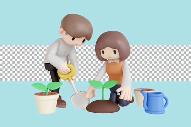 3d rendering two people a man and a woman planting a tree transparent