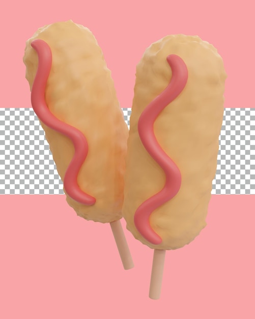 Rendering 3d di due pezzi di corn dog che sembrano deliziosi e carini trasparenti