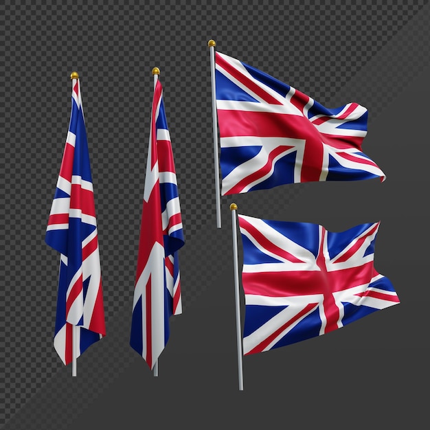 3Dレンダリングイギリスの旗が羽ばたき、羽ばたきのない遠近法を振るさまざまなビュー
