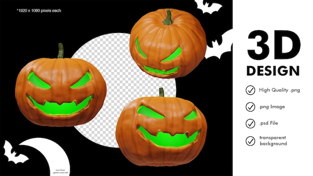 PSD 3d-rendering van de angstaanjagende halloween pumpkin jacko'lantern met groen licht van binnen