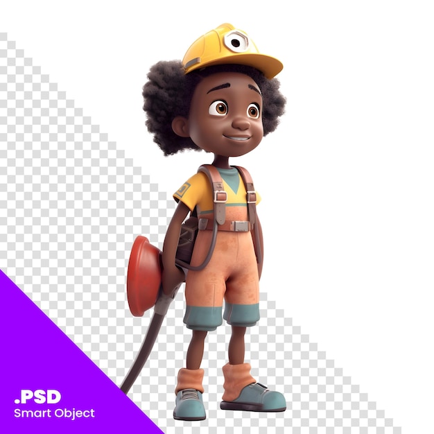 3d-rendering van een afro-amerikaanse brandweerman met een schop psd-sjabloon