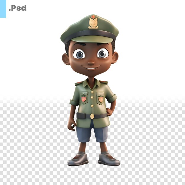 PSD 3d-rendering van een afro-amerikaanse jongen met een legerhoed en uniform psd-sjabloon
