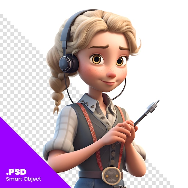 PSD 3d-rendering van een cartoon meisje met een headset en een microfoon psd-sjabloon