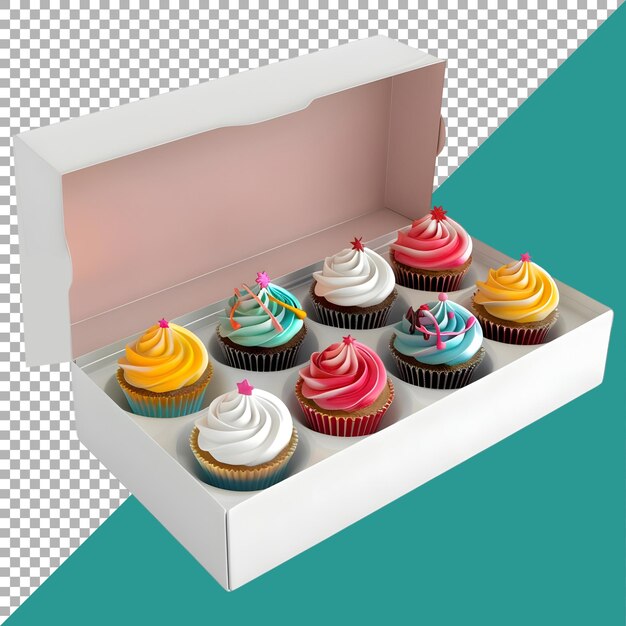 PSD 3d-rendering van een cupcake in een doos op een doorzichtige achtergrond