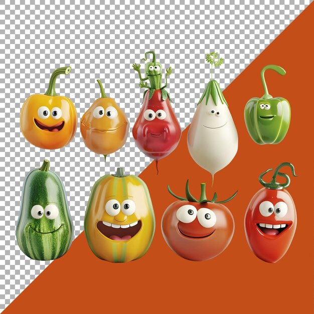 PSD 3d-rendering van een grappige andere soort chilies cartoon op een doorzichtige achtergrond