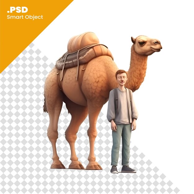 PSD 3d-rendering van een jongen en een kameel geïsoleerd op witte achtergrond psd-sjabloon