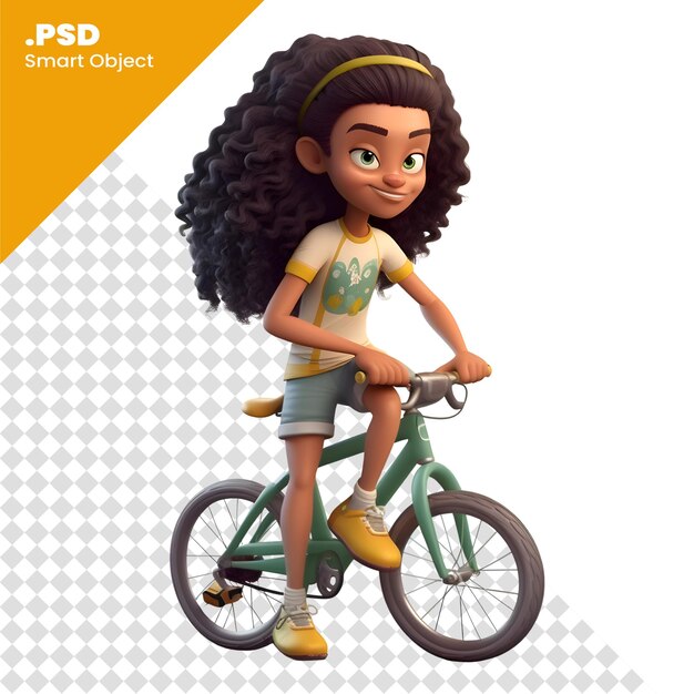 PSD 3d-rendering van een klein meisje op een fiets op een witte achtergrond psd-sjabloon