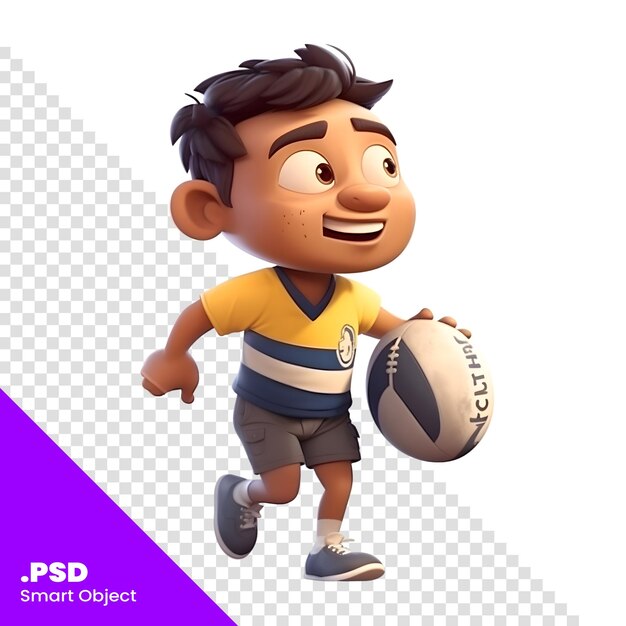3d-rendering van een kleine jongen die loopt met een rugby ball psd-sjabloon