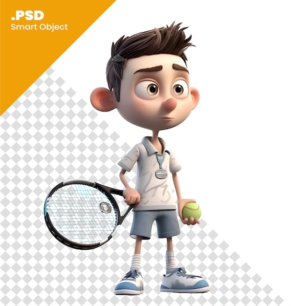 PSD 3d-rendering van een kleine jongen met tennisracket en bal psd-sjabloon