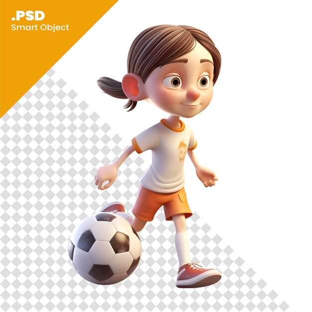 PSD 3d rendering van een schattig cartoon meisje met een voetbal psd sjabloon