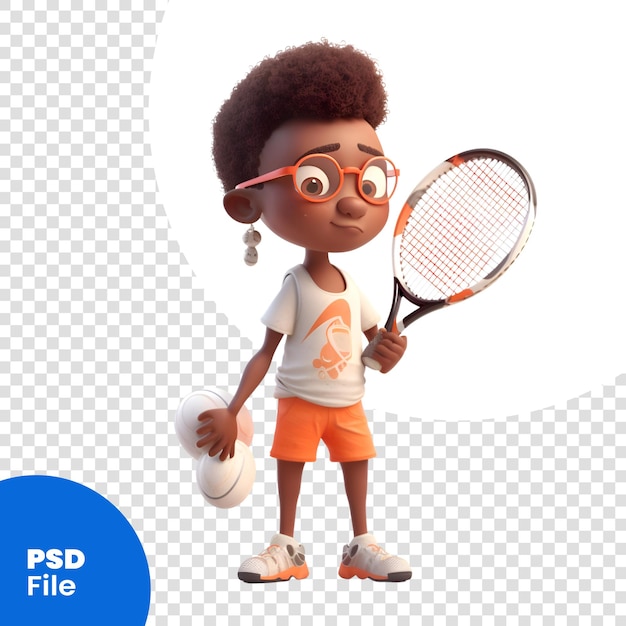 PSD 3d-rendering van een schattige afro-amerikaanse jongen die tennis speelt geïsoleerd op een witte achtergrond psd-sjabloon