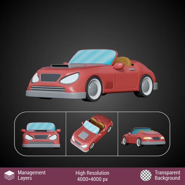 3d rendering van een sportwagen cartoon ontwerp unieke schattige kleurrijke transparante achtergrond