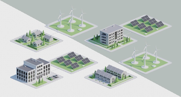 PSD 3d rendering van gebouwen met zonnepanelen en windturbines isometrisch