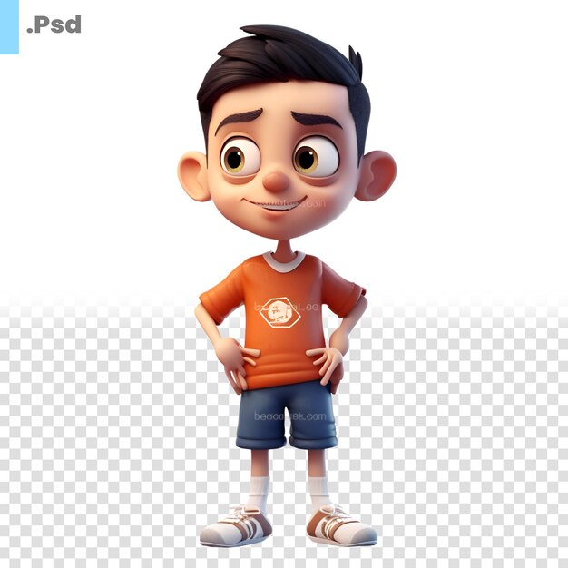 PSD 3d-rendering van little boy met voetbalt-shirt en korte broek psd-sjabloon