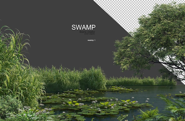 3D-rendering van moeras met planten en bomen