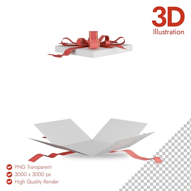 3D-rendering van open geschenkkist met rode boog