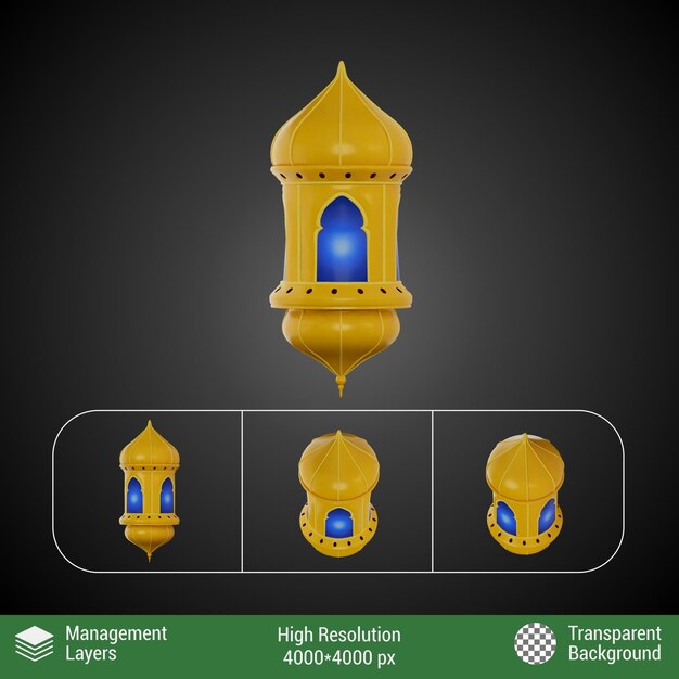 PSD 3d rendering van ramadan lantaarn icoon type3 voor eid al-fitr viering gouden kleur glanzend realistisch