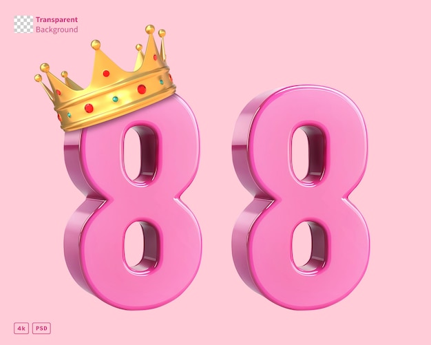 3D-rendering van roze nummer acht en roze aantal acht met gouden kroon voor Vrouwendag